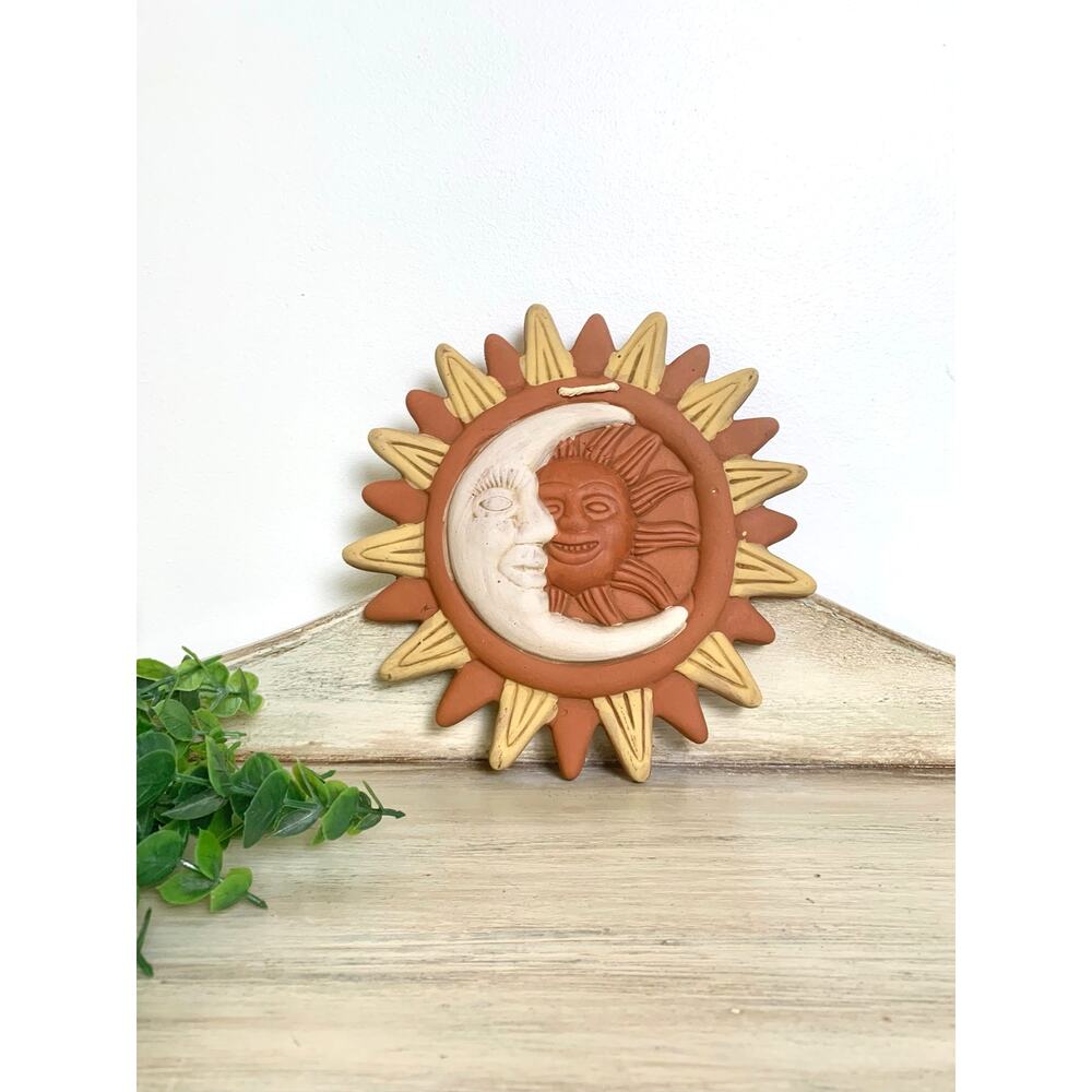 Vintage Terracotta Sun Moon Wall Plaque Celestial Folk Art Boho Decor
